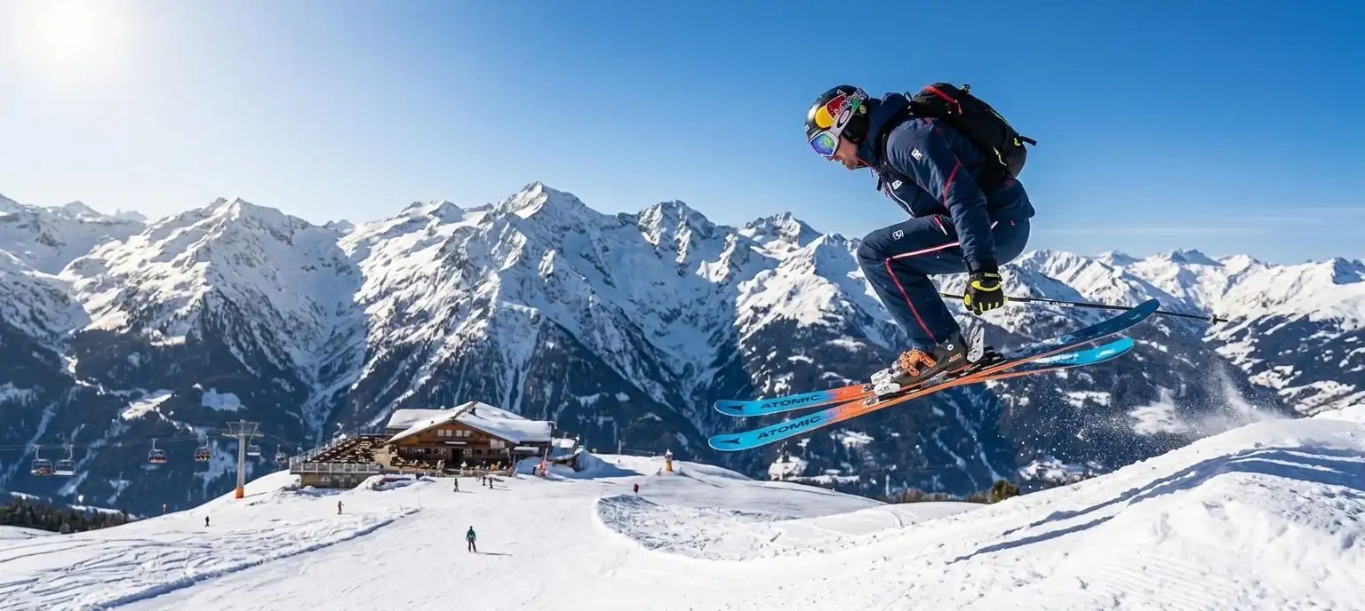 Busy sunny ski slope with skiers at an Arlberg mountain station