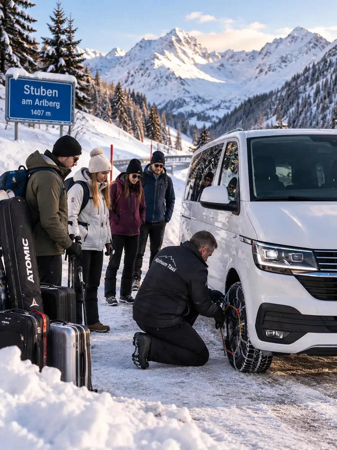 Warum Alpinum Taxi für Ihren Transfer Zürich–Stuben Alpinum Taxi Fahrer legt Schneeketten an auf der Straße nach Stuben am Arlberg