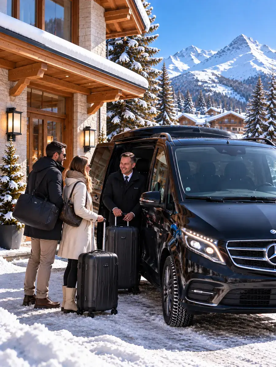 Alpinum Taxi – Zurich to Lech Private Transfer Alpinum Taxi private transfer to Lech am Arlberg with a winter-ready Mercedes Minibus 4x4