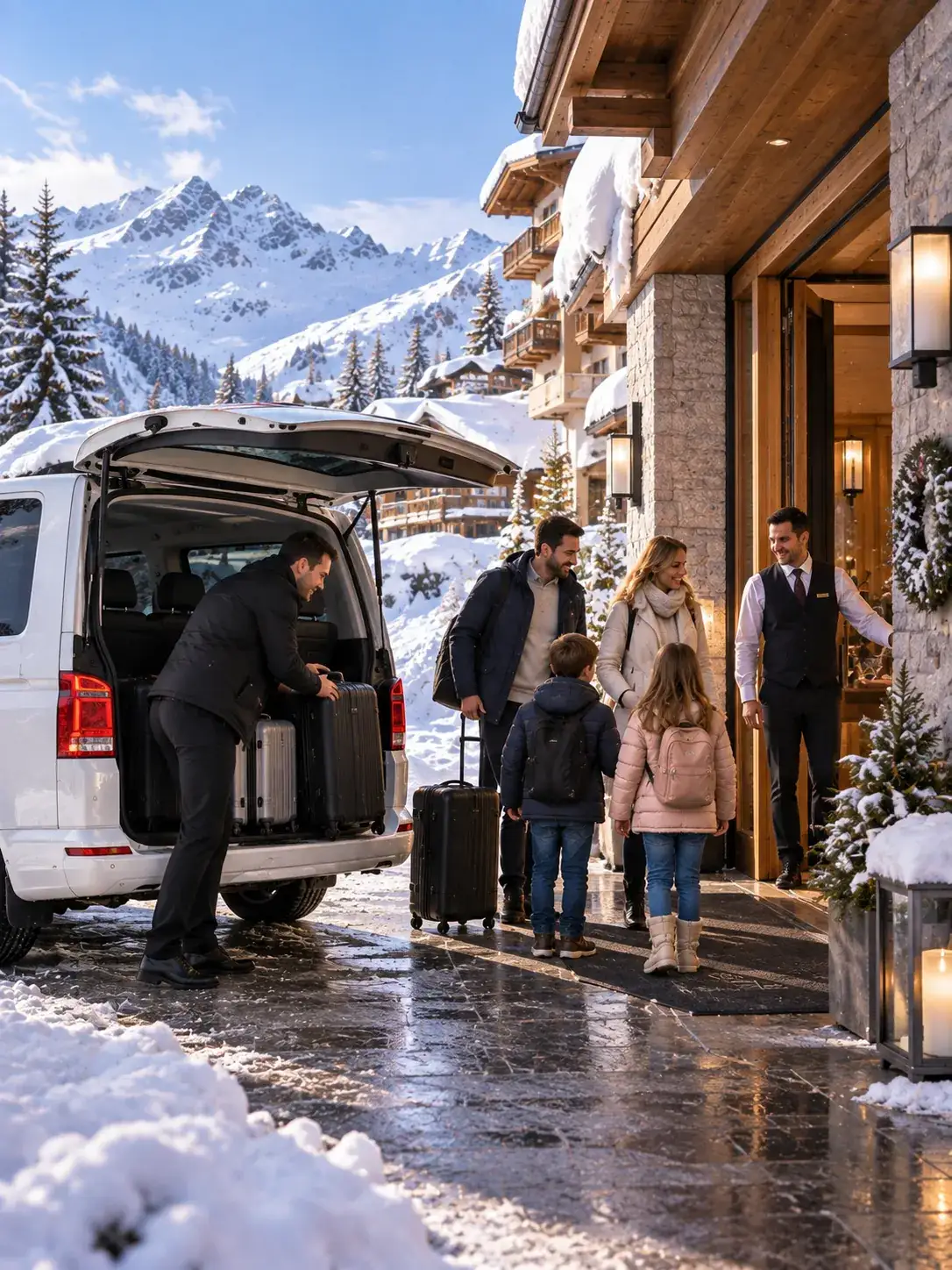 Door-to-Door Transfer to St. Christoph Hotels Alpinum Taxi driver unloading luggage for a family at a hotel in St. Christoph am Arlberg