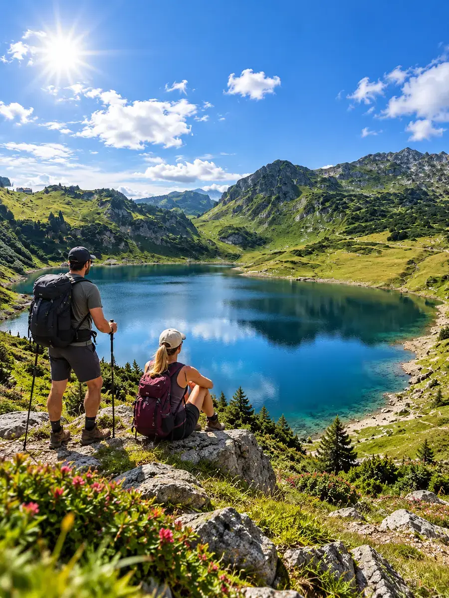 Formarinsee near Lech am Arlberg in Summer Hikers at Formarinsee near Lech am Arlberg in summer
