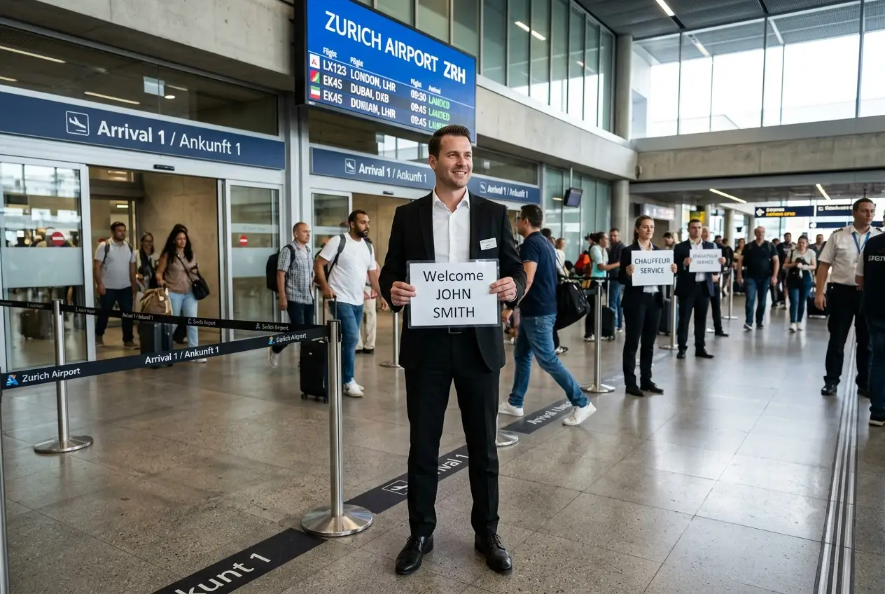 Driver holding a name sign in Arrival 1 at Zurich Airport