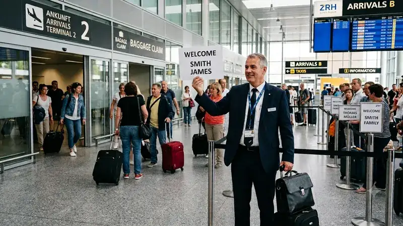 Meet & greet at Zurich Airport Your driver waiting with a name sign in the arrivals hall at Zurich Airport