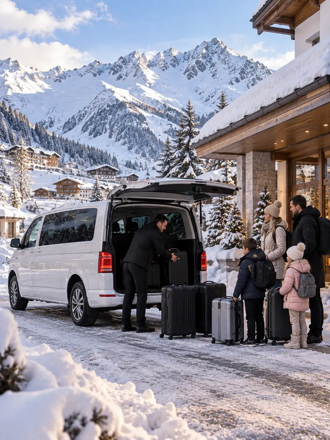 Private Family Transfer to St. Christoph am Arlberg Family arriving at their hotel by private transfer in St. Christoph am Arlberg