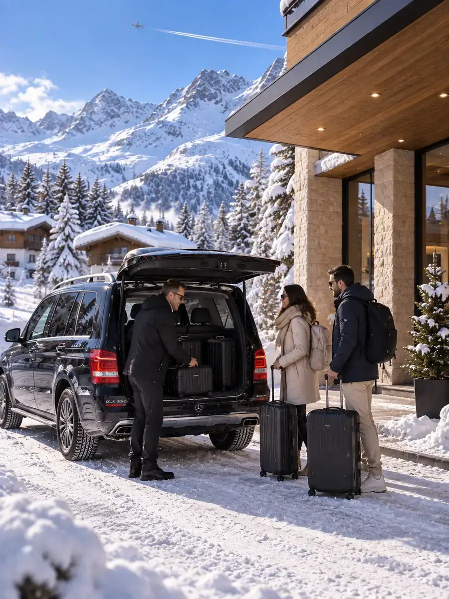 Private Zurich Airport to Zürs Hotel Transfer Private Zurich Airport to Zürs transfer arriving at a hotel in winter