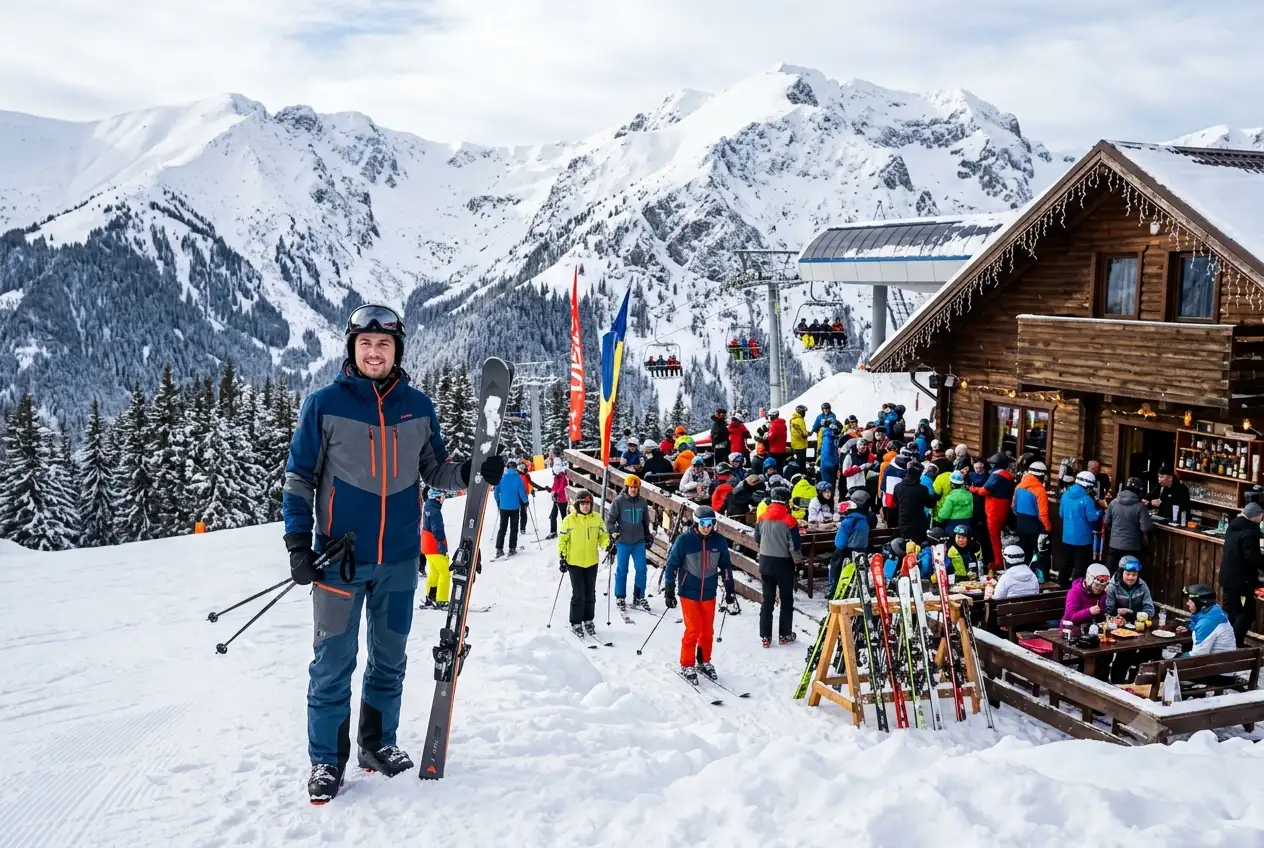Skier with skis and poles outside a mountain hut on the slopes