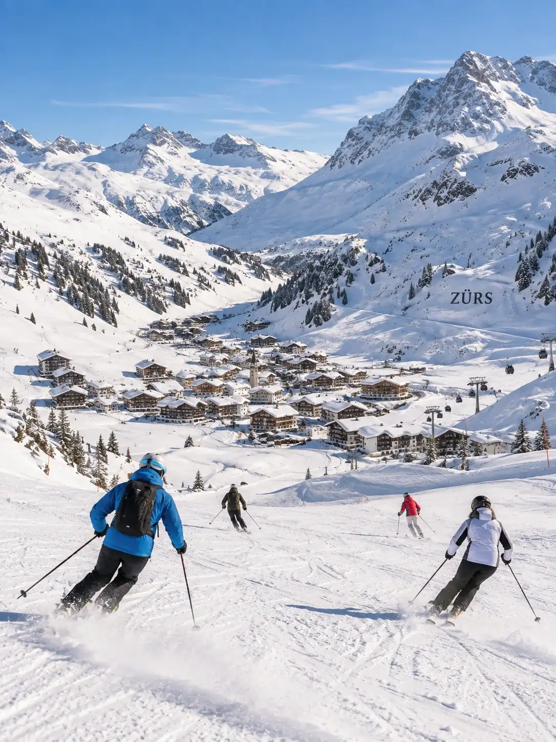 Skiing in Zürs am Arlberg Skiers on the slopes above Zürs am Arlberg in the Ski Arlberg area