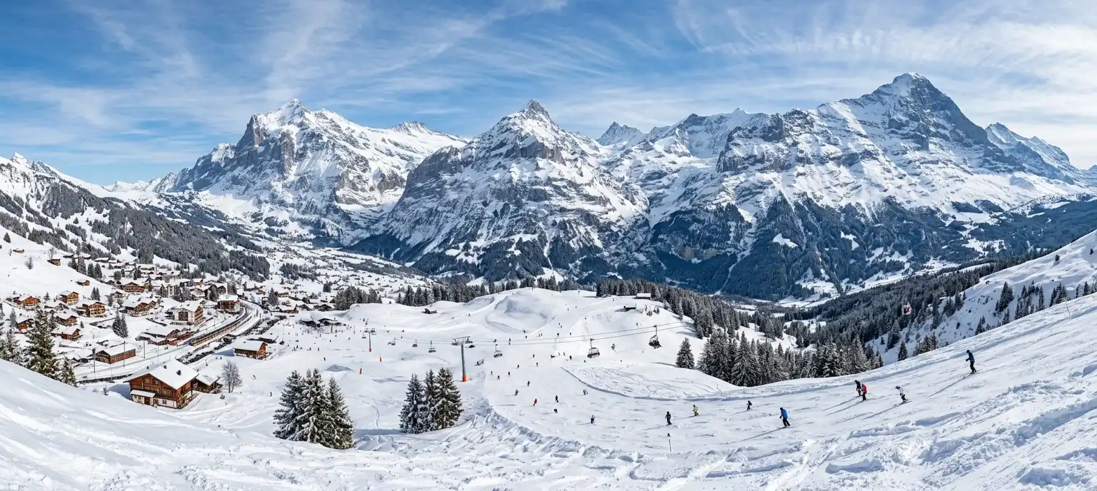 Panorama of a snow-covered ski resort valley in Arlberg and Tirol