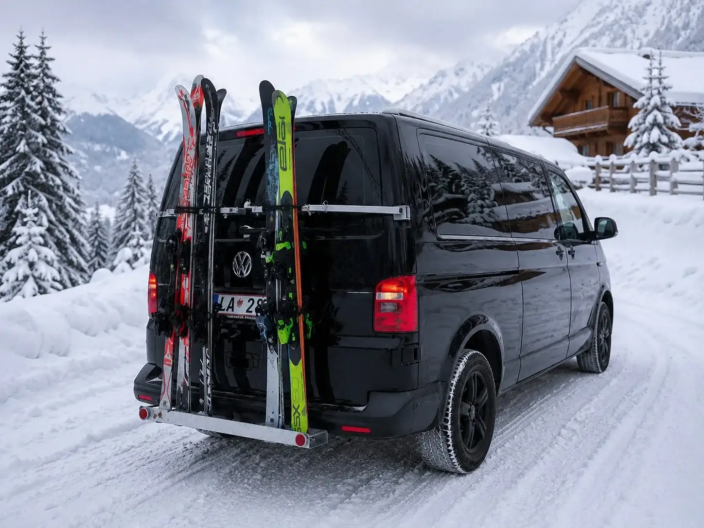 Skis on the rear rack of the minibus on a private transfer to St. Anton am Arlberg
