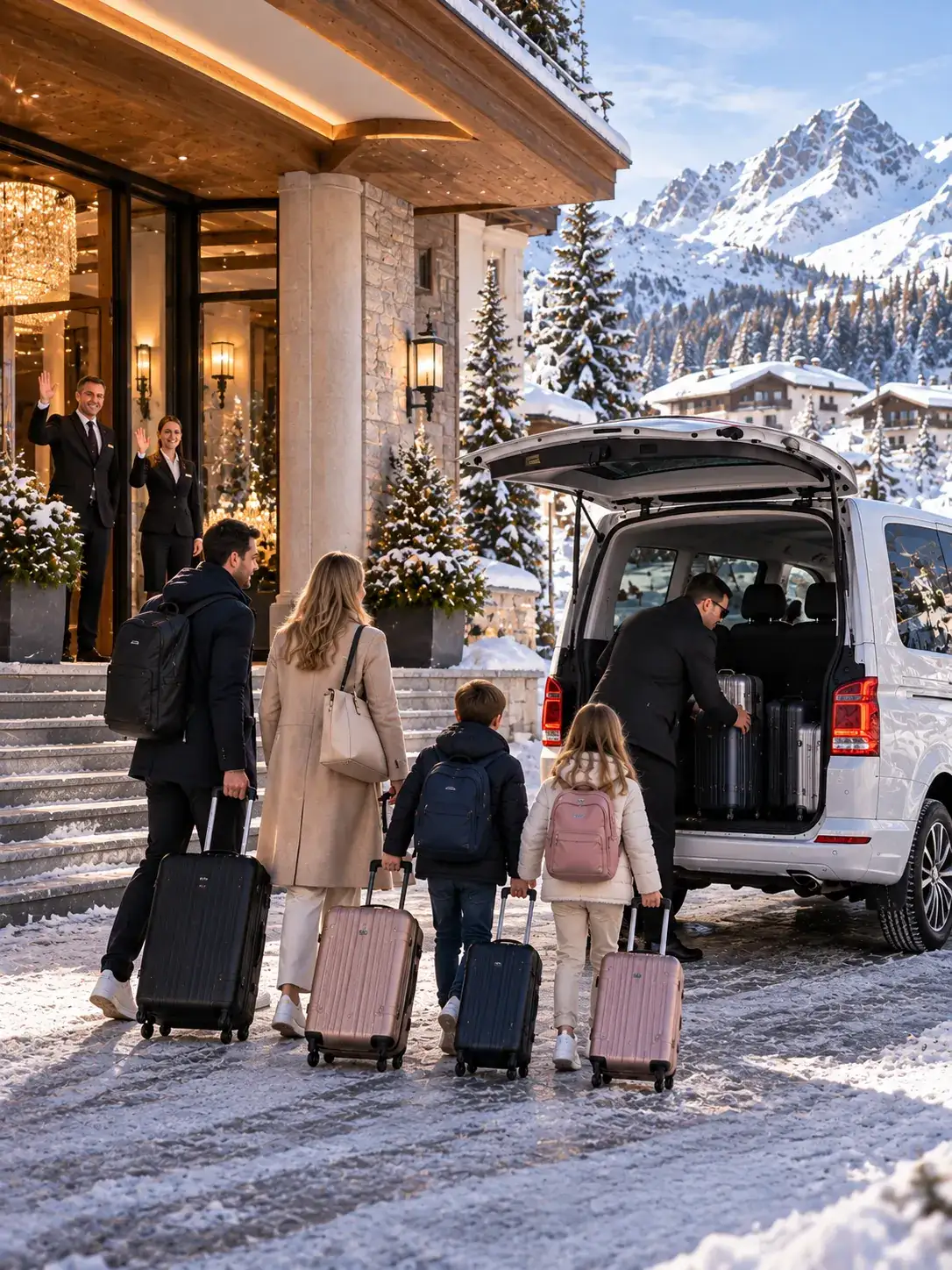 St. Christoph to Zurich Airport Return Transfer Family leaving their hotel in St. Christoph for a private transfer to Zurich Airport