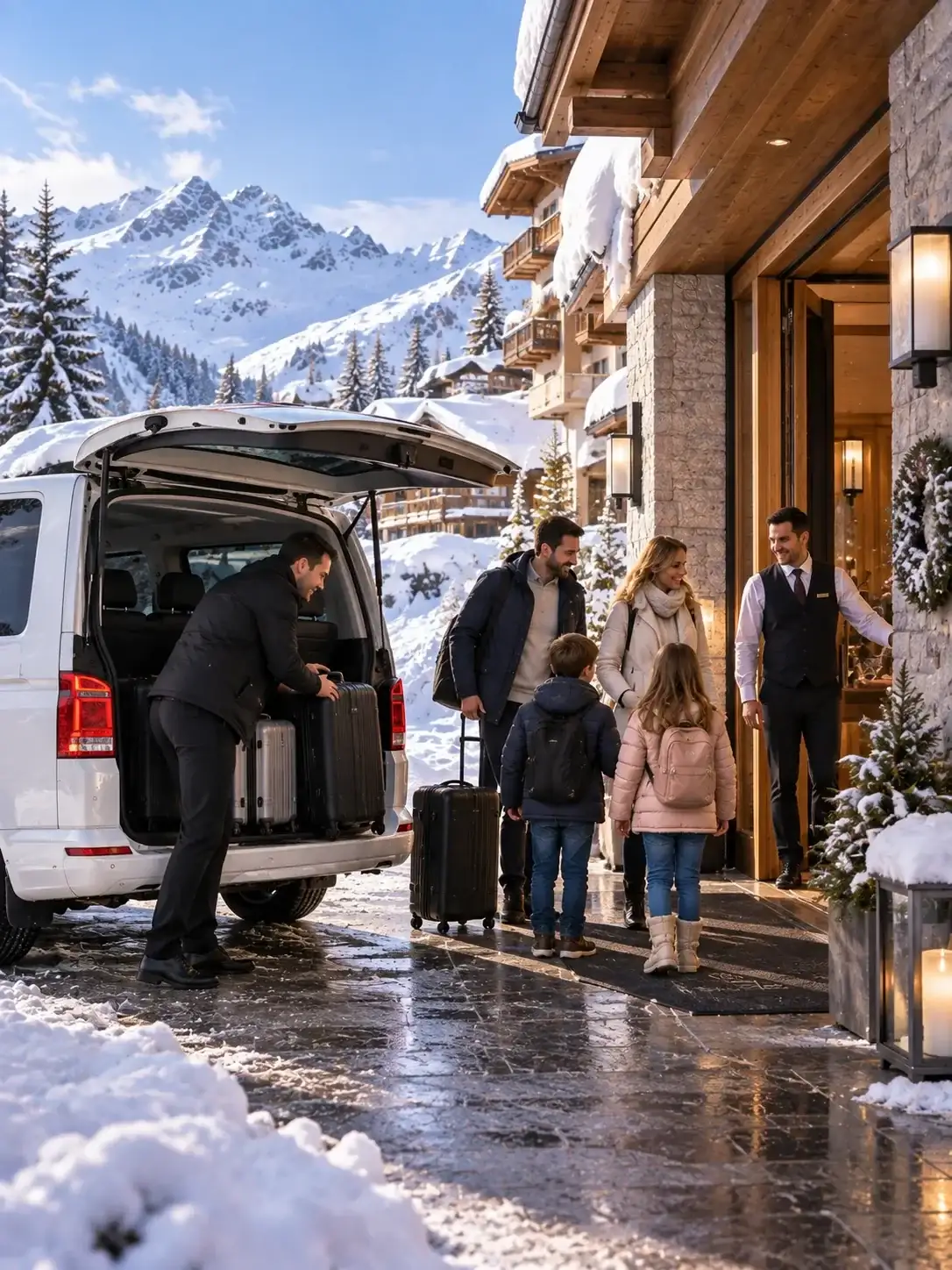 Door-to-door drop-off on the pass road in St. Christoph am Arlberg Private transfer stopping at a hotel entrance on the pass road in St. Christoph am Arlberg