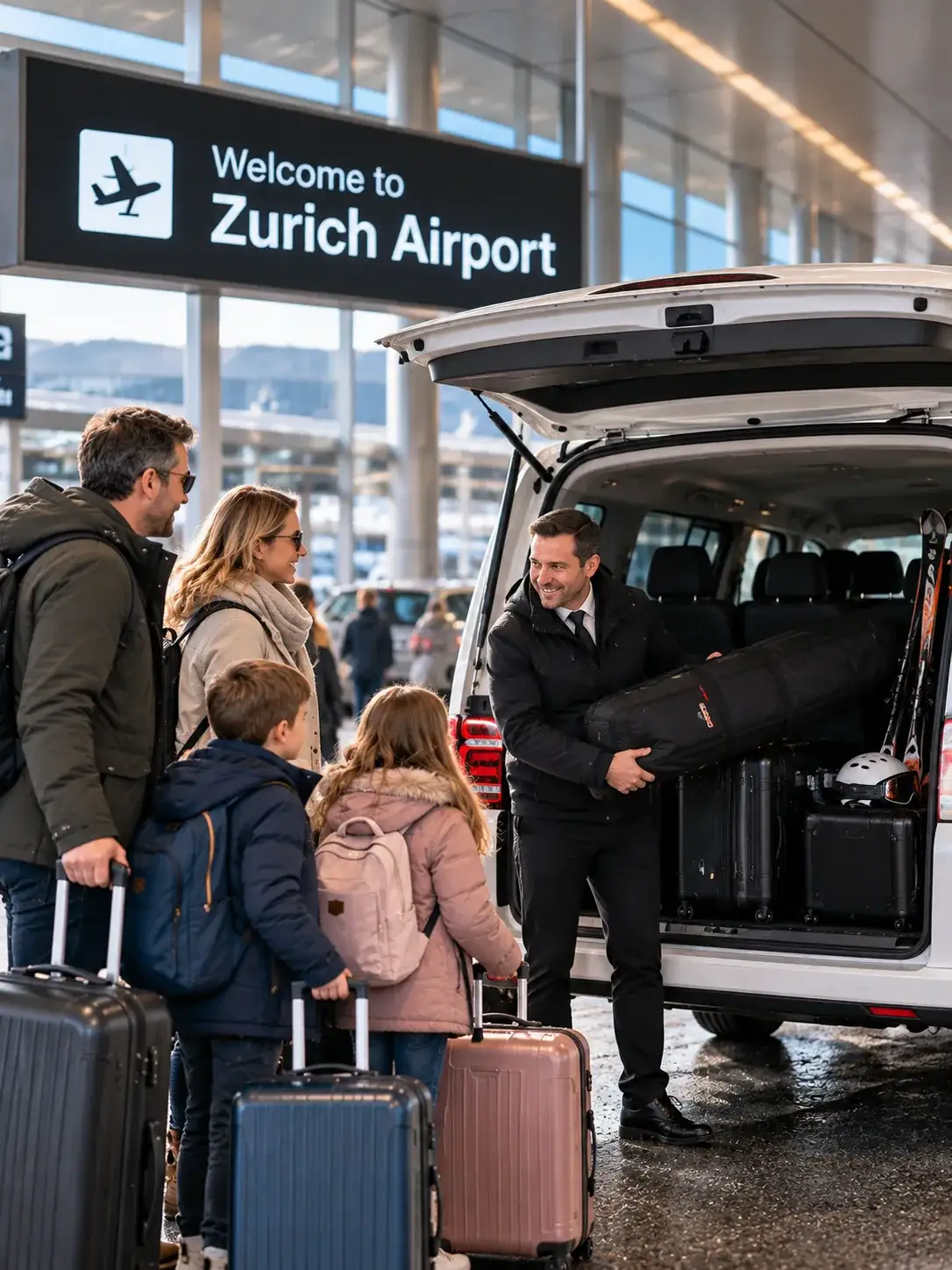 Rücktransfer Stuben zum Flughafen Zürich Alpinum Taxi Fahrer verlädt Skigepäck für die Rückfahrt zum Flughafen Zürich