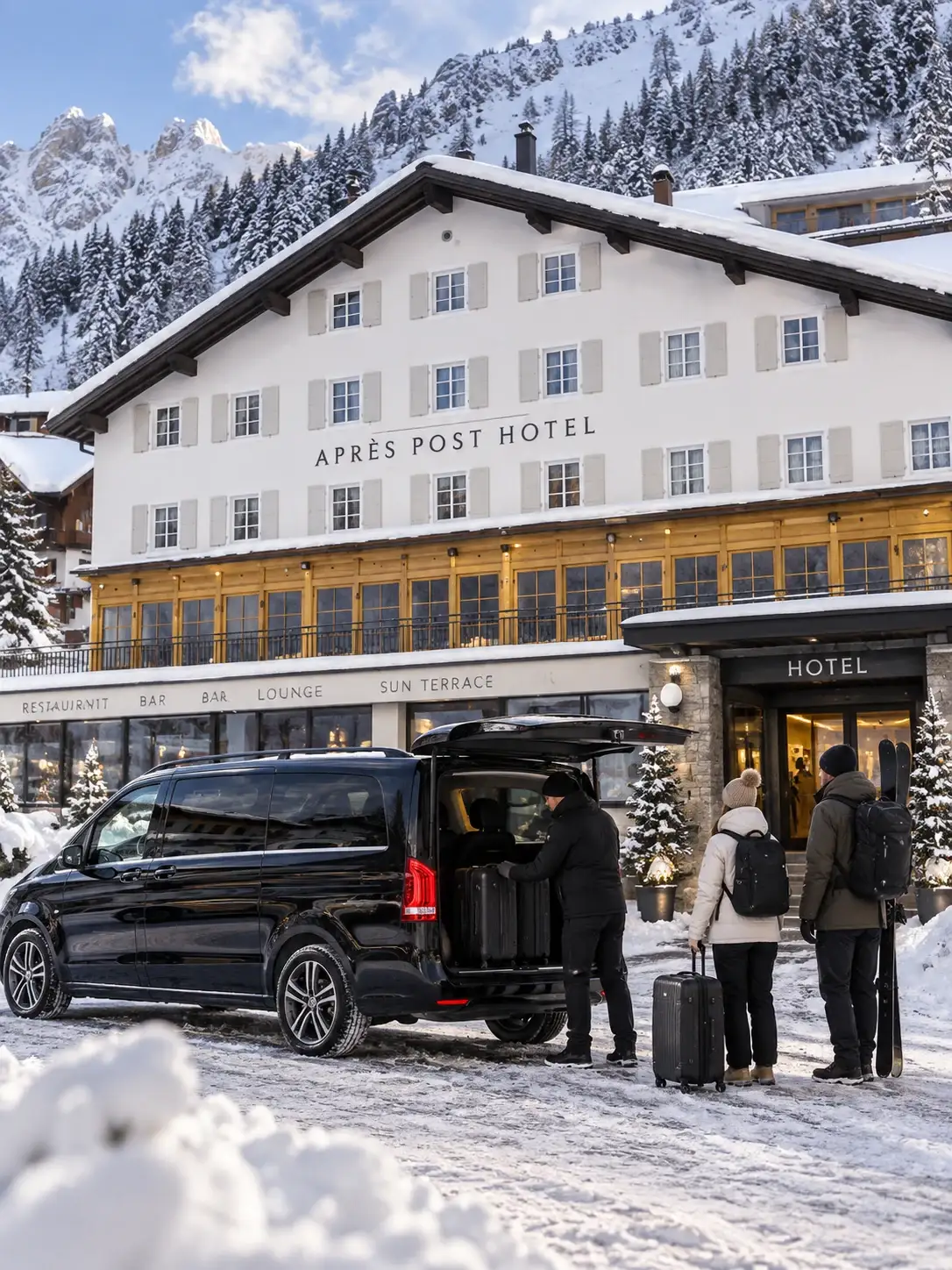 Driver loading cases and ski luggage into a minibus at a hotel door in Stuben am Arlberg, with two guests waiting