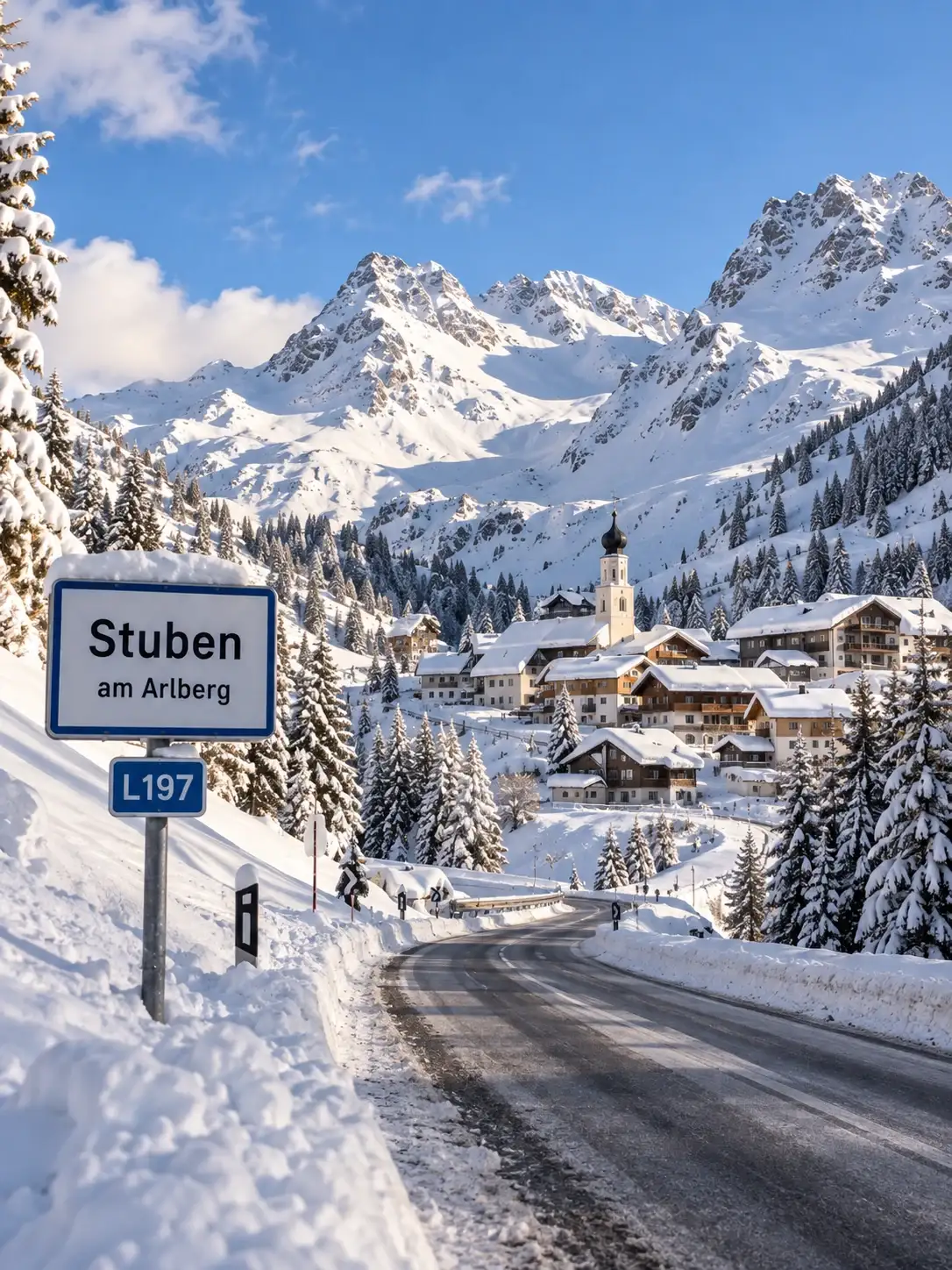 The L197 road and the Stuben am Arlberg village sign in winter, with the village and the Arlberg peaks behind