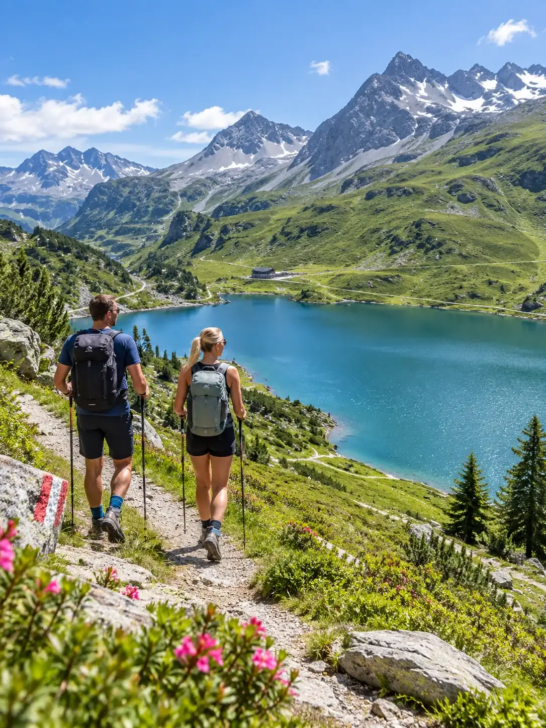 Summer Hiking at Zürsersee near Zürs am Arlberg Hikers at Zürsersee near Zürs am Arlberg during summer