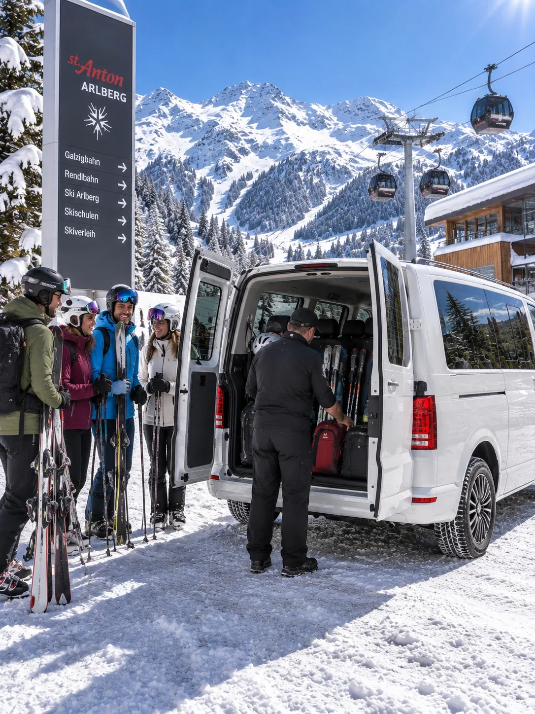 Taxi St. Anton am Arlberg – Local Taxi Service Local taxi in St. Anton am Arlberg with skiers at the ski lifts, the driver loading skis and luggage into the van