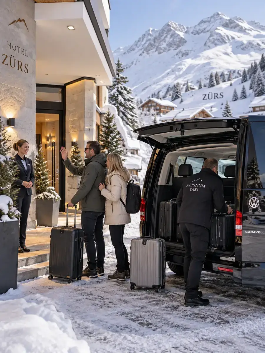 Winter departure morning in Zürs am Arlberg Private transfer leaving Zürs am Arlberg on a winter departure morning