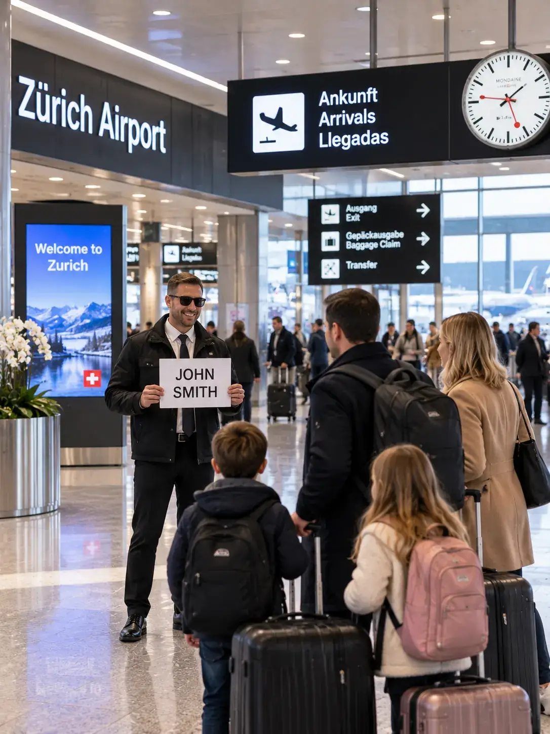 Zurich Airport Pickup & Meet and Greet for St. Christoph Transfer Alpinum Taxi driver meeting a family in the arrivals hall at Zurich Airport