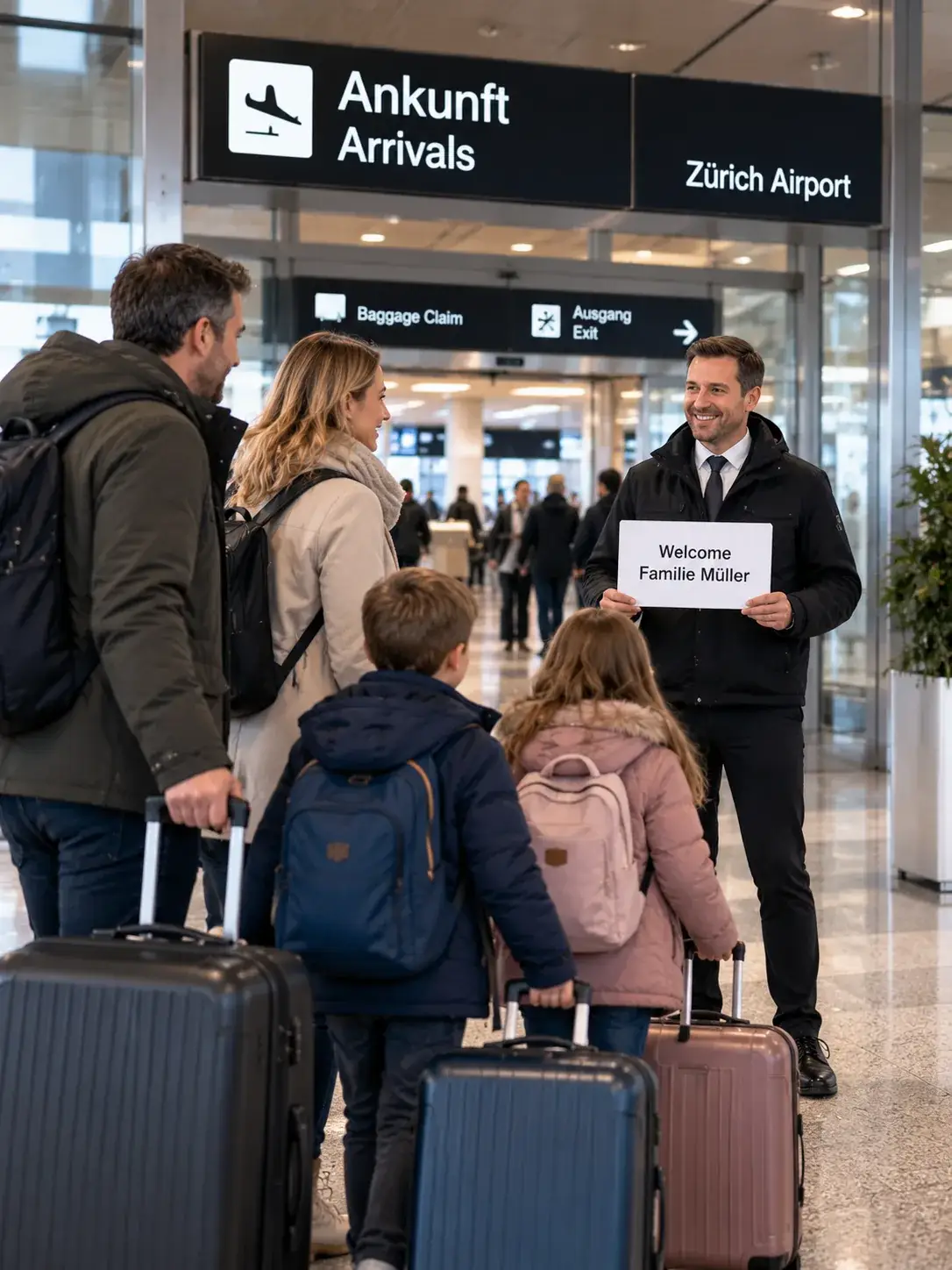 Abholung am Flughafen Zürich für den Transfer nach Stuben Alpinum Taxi Fahrer empfängt Fahrgäste in der Ankunftshalle am Flughafen Zürich