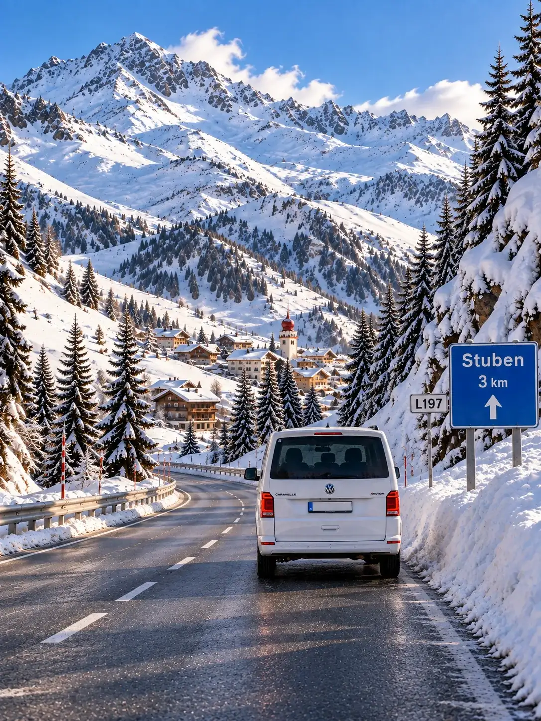 Transfer Flughafen Zürich nach Stuben — Entfernung und Fahrzeit VW Caravelle 4x4 auf der Winterstraße nach Stuben am Arlberg