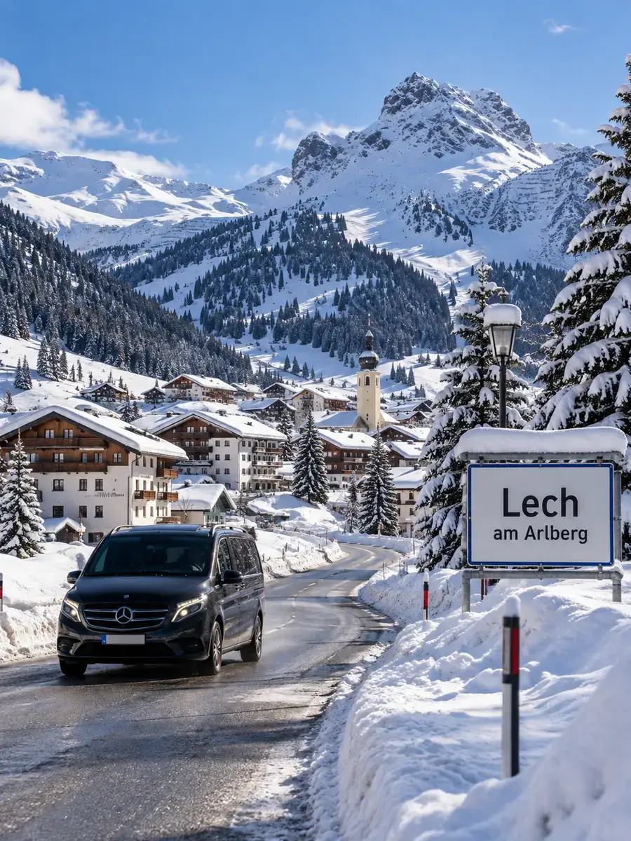 Zurich Airport to Lech Transfer – Winter Road Winter road into Lech am Arlberg on the transfer from Zurich Airport