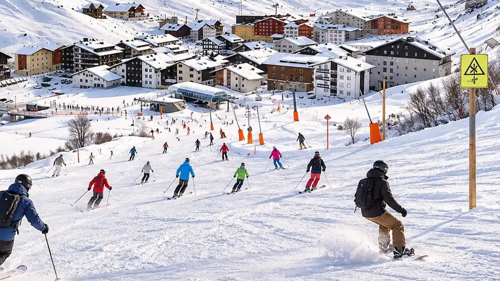 Zurich Airport to Zürs Zürs am Arlberg ski resort in winter with skiers and snowboarders