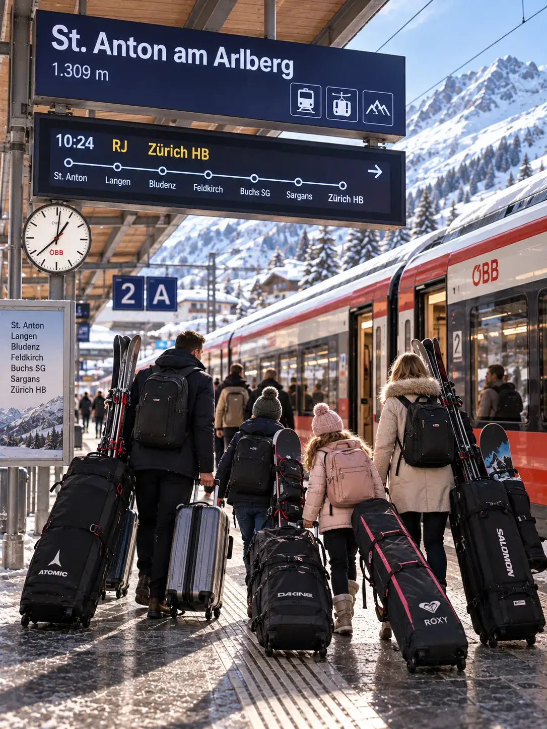 Zurich to St. Christoph by Train with Ski Luggage Family travelling by train with ski bags and luggage from Zurich to St. Christoph am Arlberg