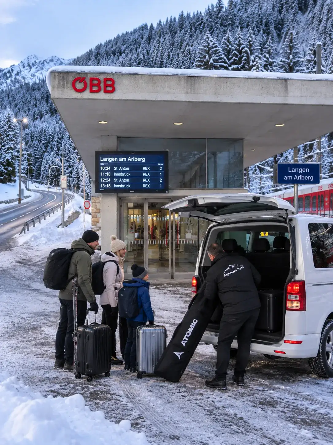 Mit dem Zug nach Langen am Arlberg — und die letzten drei Kilometer nach Stuben Alpinum Taxi holt Gäste am Bahnhof Langen am Arlberg ab, für die letzten drei Kilometer nach Stuben