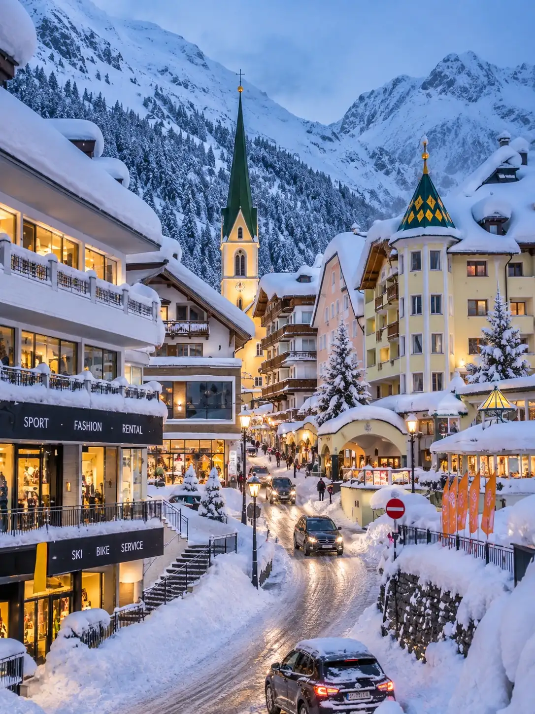 Winter Evenings in Zürs am Arlberg Zürs am Arlberg village in winter with snow-covered streets and evening atmosphere