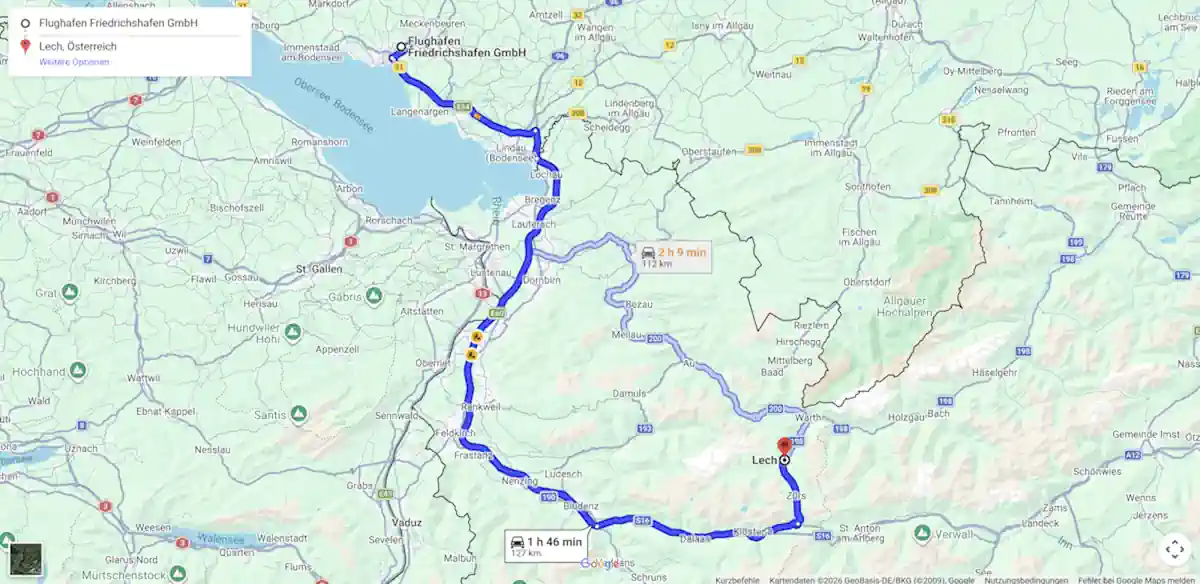 Streckenkarte Flughafen Friedrichshafen nach Lech am Arlberg Streckenkarte vom Flughafen Friedrichshafen nach Lech am Arlberg über Lindau, Bregenz, Feldkirch, Bludenz und die Flexenstraße