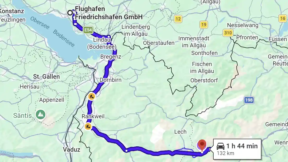 Route map from Friedrichshafen Airport to St. Anton am Arlberg by way of Lindau, Bregenz, Feldkirch and Bludenz