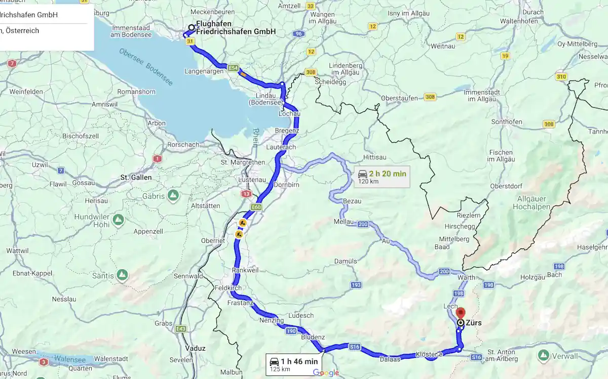 Route map from Friedrichshafen Airport to Zürs am Arlberg by way of Lindau, Bregenz, Feldkirch, Bludenz, the Klostertal and the Flexenstraße