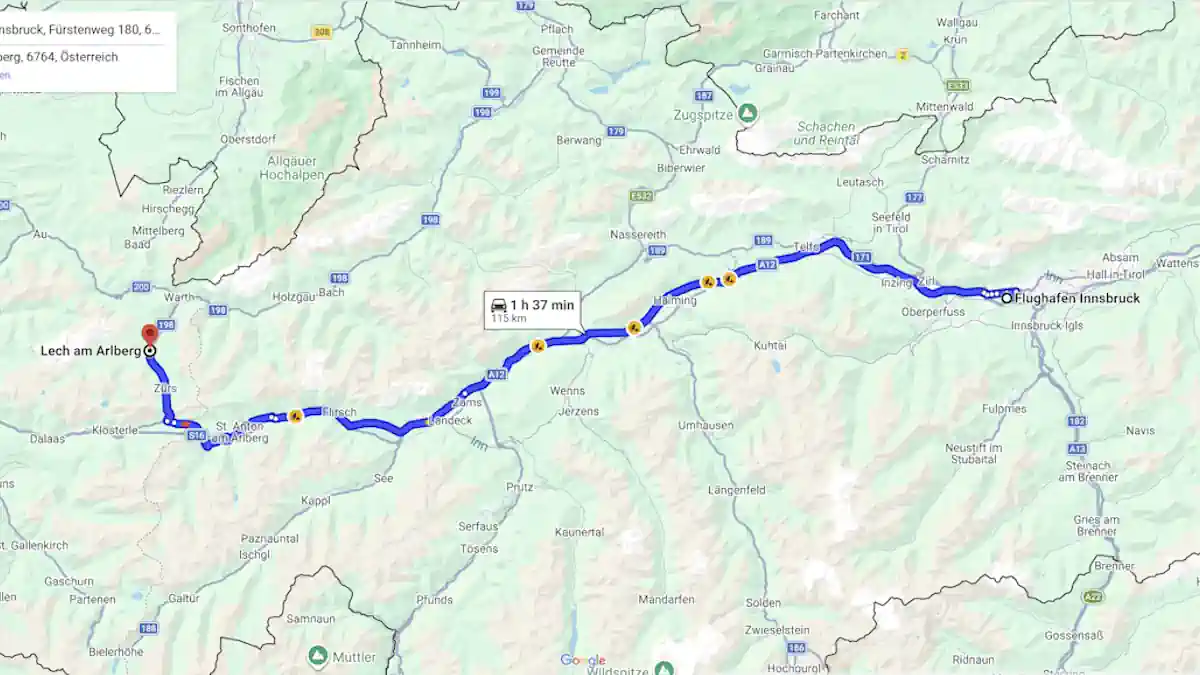 Route map from Innsbruck Airport to Lech am Arlberg
