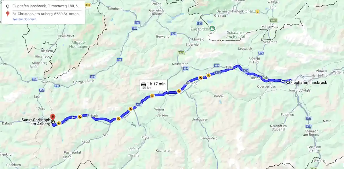 Streckenkarte Flughafen Innsbruck nach St. Christoph am Arlberg Streckenkarte vom Flughafen Innsbruck nach St. Christoph am Arlberg