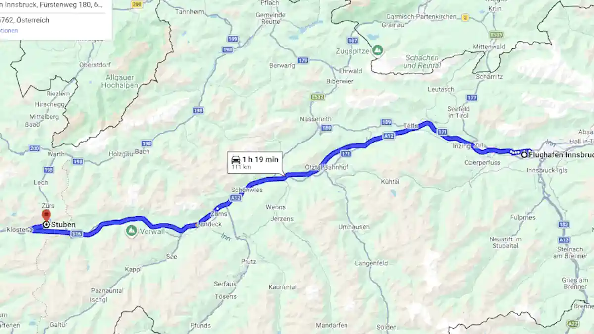 Innsbruck Airport to Stuben am Arlberg Route Map Route map from Innsbruck Airport to Stuben am Arlberg