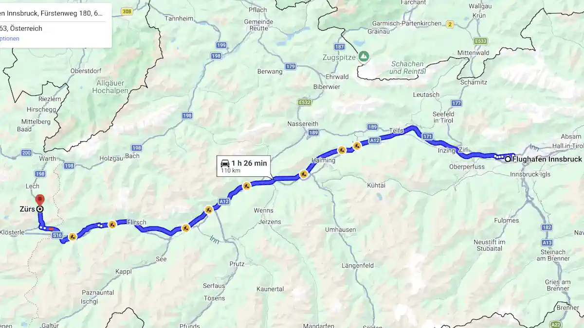 Streckenkarte Flughafen Innsbruck nach Zürs am Arlberg Streckenkarte vom Flughafen Innsbruck nach Zürs am Arlberg