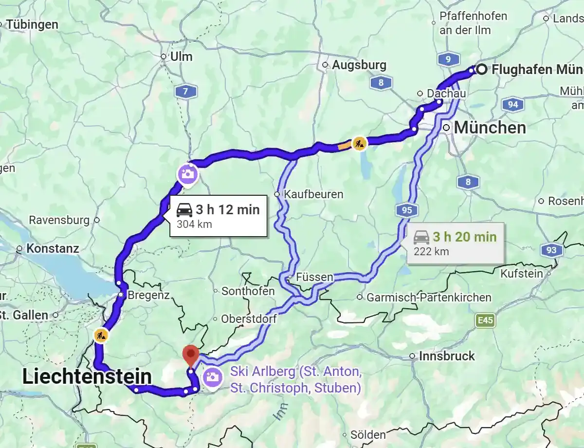 Streckenkarte Flughafen München nach Lech am Arlberg Streckenkarte vom Flughafen München nach Lech am Arlberg über Memmingen, Lindau, Bregenz und das Klostertal