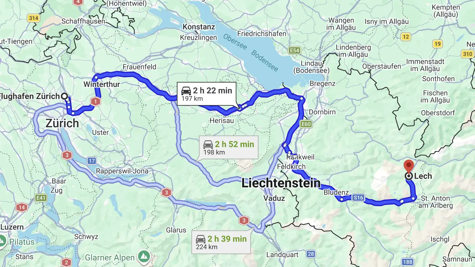 Zurich Airport to Lech am Arlberg Route Map Route map from Zurich Airport to Lech am Arlberg