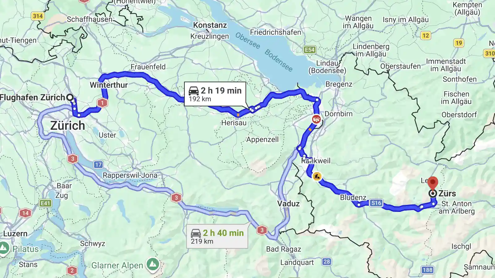 Zurich Airport to Zürs am Arlberg Route Map Route map from Zurich Airport to Zürs am Arlberg
